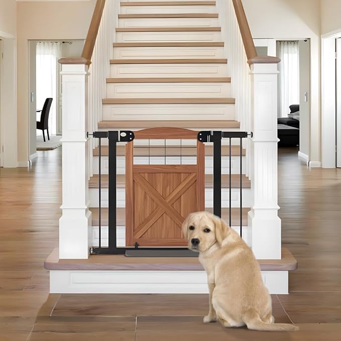 beeNbkks Farmhouse Barn Door Dog Gate, 30" Tall Anti-Trip Pet Barrier | No-Drill Pressure Mounted Pet Gate Fits 29"-40" Wide Openings, Featuring Wooden Walk-Through Door and Metal Frame