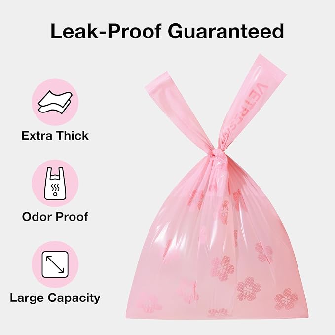 VETRESKA Dog Poop Bags with Handles 450 Count, Floral Scented Waste Bags | Leak-Proof Thick Dog Bags for Poop, Easy-Tie Large Poop Bags, 30 Refill Rolls with 1 Dispenser for Dog Walking Cat Litter