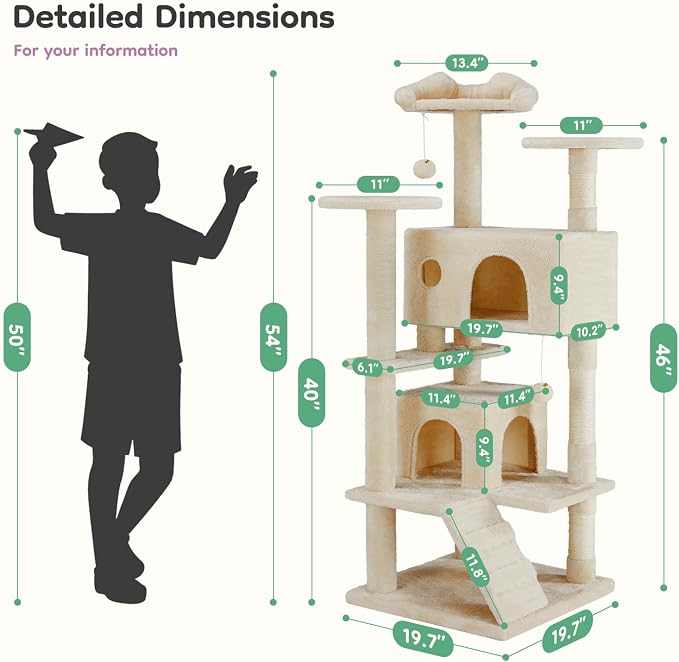 DUMOS 54 Inch Cat Tree Tower with Scratching Posts, Beige | Multi-Level Pet House for Large Cats with 2 Condos, Scratching Posts, Round Platform, Small Ladder and Toys