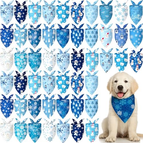 Preboun 50 Pcs Winter Dog Bandanas Bulk, Blue and White Snowman Snowflakes by Preboun