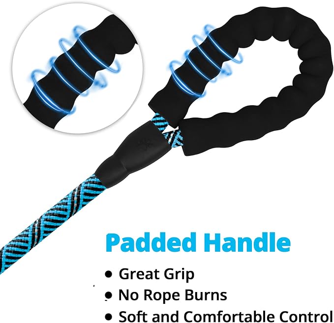 Rope Dog Leash 6 FT: Heavy Duty Leashes with Swivel Lockable Hook Reflective Threads Bungee and Padded Handle - Dog Lead for Large Small Medium Dogs Outside Walking Hiking Blue Black