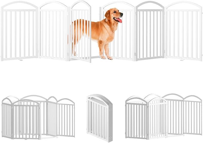 SNUOWU 6 Panels Full Matel Freestanding Dog Gates with Door, 144"Extra Wide 32"Tall Free Standing Dog Pet Gate for Indoor & Outdoor. Foldable Pet Fences for Doorways, House, Stairs, Porch, Deck, Yard