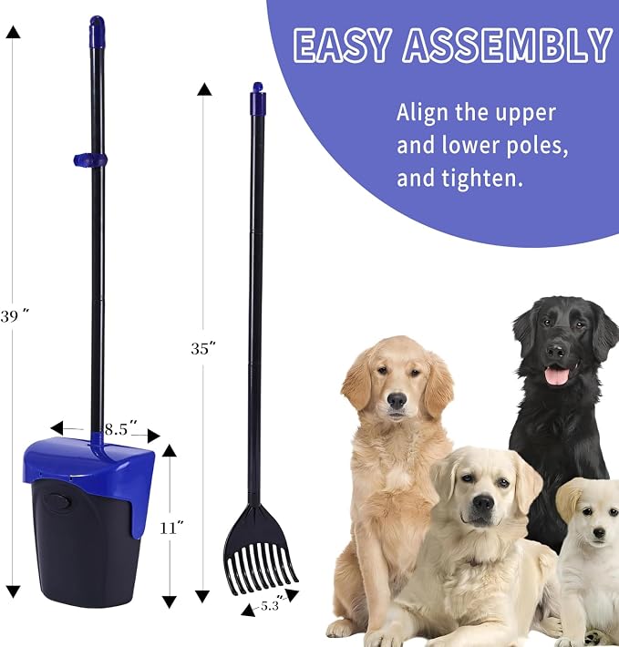 Pooper Scooper Large Swivel Bin & Rake with 160 Waste Bags,Heavy Duty Dog Pooper Scooper with Bag Attachment for Large Small Dogs, Long Handle Poop Scooper with Lid for Yard, Grass, Gravel (Blue)
