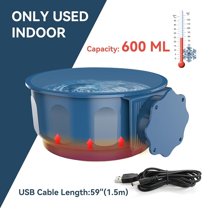 Indoor Pet Small Heated Water Bowl, Cat Thermal Bowl in Winter, 600ML Hanging Heated Water Bowl for Rabbit Cage Dog Crate, Indoor USB Portable Warm Dish for Dogs Cats Rabbits Birds, Blue