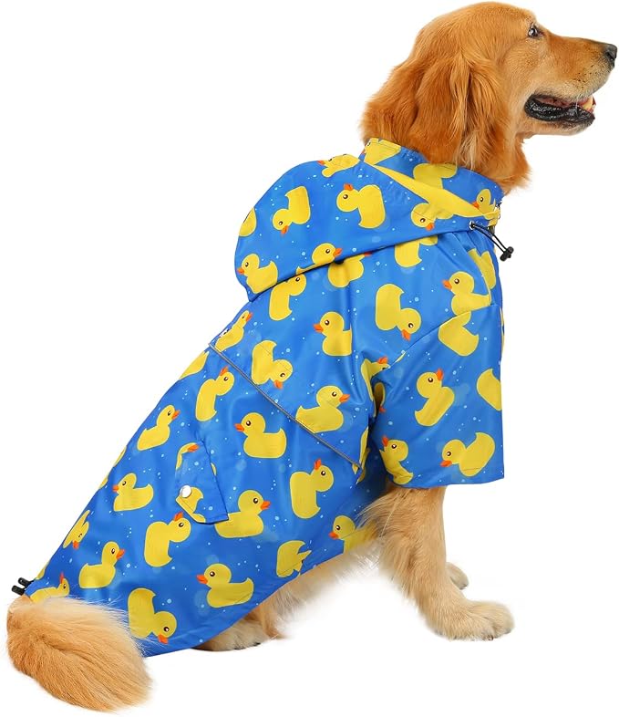 HDE Dog Raincoat Poncho Double Layer Zip Rain Jacket with Removable Hood, Leash Hole for Small to 3XL Dogs and Puppies Ducks Blue - 2XL