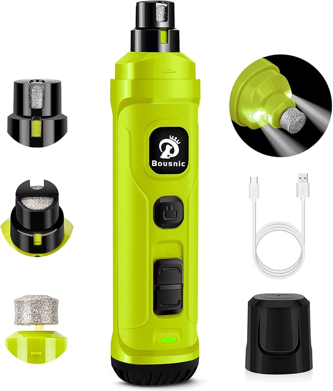 Bousnic Dog Nail Grinder with 2 LED Light - Super Quiet Pet Nail Grinder Powerful 2-Speed Electric Dog Nail Trimmer File Toenail Grinder for Puppy Small Medium Large Breed Dogs & Cats (Green)
