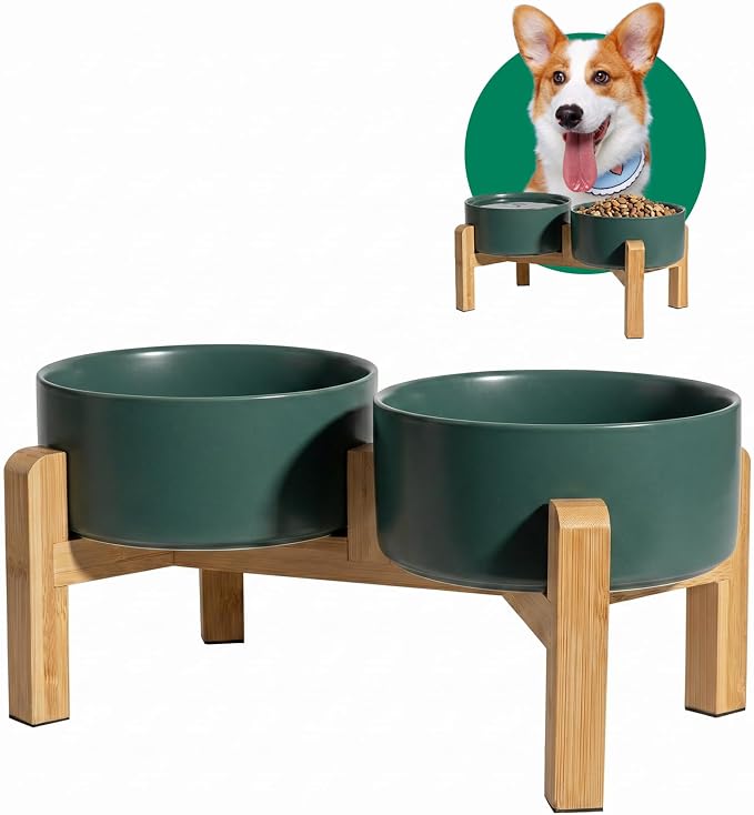 Elevated Ceramic Dog Bowl, 3.6 Cups Dog Food and Water Bowl Set with Stand | 6.1'' Double Dog Feeding Dishes, Non-Slip Raised Dog Feeder for Small and Medium Breeds, 28.74 OZ / 850 ML, White