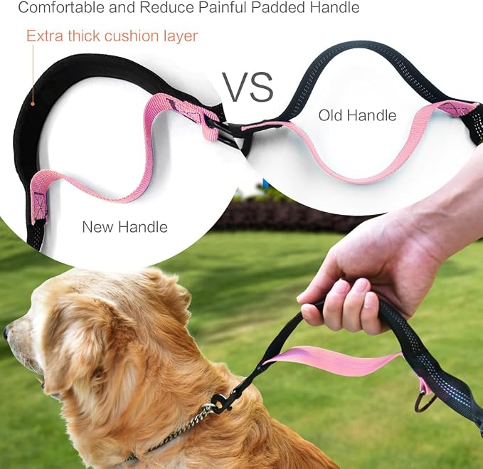Uppetly Hands Free Dog Running Leash with Waist Belt, Dual Handle Elastic Bungees Retractable Rope for Medium and Large Dogs, Reflective Stitches for Walking Hiking Biking (Large Pink, 25-120lb
