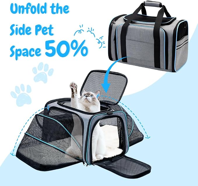 Double Expandable Cat Carrier,Airline Approved Soft-Sided Pet Travel Carrier for Small Dogs Cats under 15 lbs,Waterproof 600D Oxford Fabric with Washable Replacement Liner,Odor-Free & Claw-Proof(Blue)