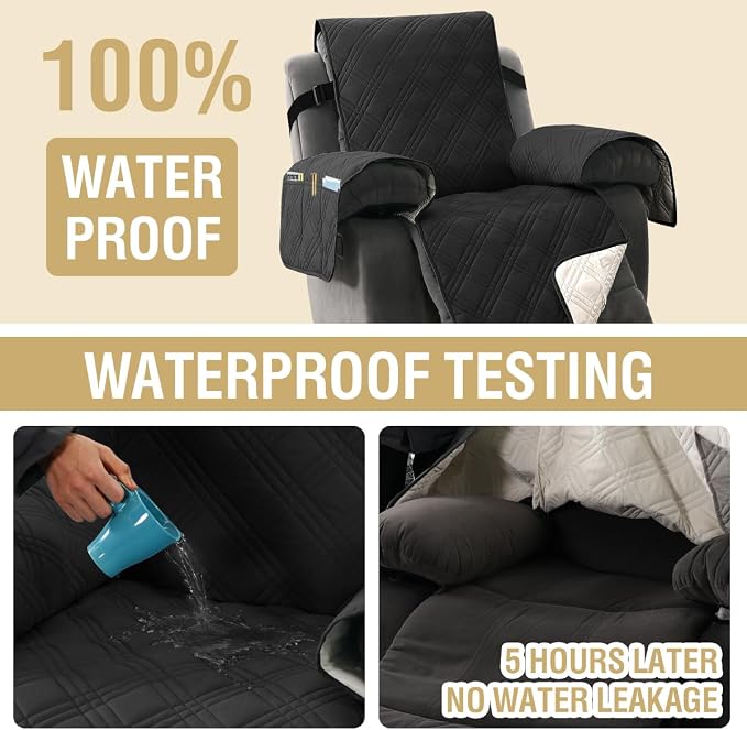 H.VERSAILTEX 100% Waterproof Slip Covers for Recliners with Arms 1-Piece Reversible Recliner Covers for Large Recliner with Elastic Straps Sitting Width Up to 28" (Oversized Recliner, Black/Beige)