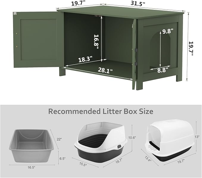 Homhedy 31.5" L Cat Litter Box Enclosure with Barn Door, Green | Wooden Cat Washroom Furniture, Cat House, Pet Storage Cabinet, Dog-Proof, Fit Most of Litter Box, Farmhouse Style