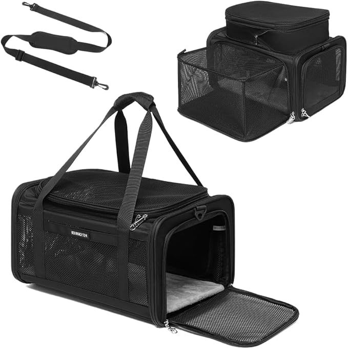 Airline Approved Pet Carrier for Cats and Small Dogs up to 15 lbs, Breathable Mesh, Portable Travel Bag for Bearded Dragon, Puppies Animal Hangbag, Rabbit Cage (Black, Expandable)