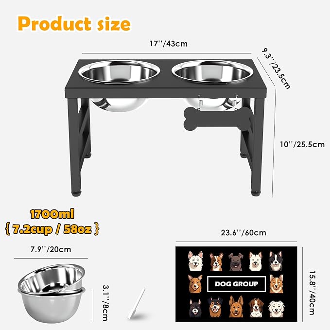 ADENGL 10" Elevated Dog Bowls – Metal Raised Dog Bowl Stand with 2 x 1700ml Stainless Steel Bowls, 1 Slow Feeder & Non-Slip Mat for Dogs