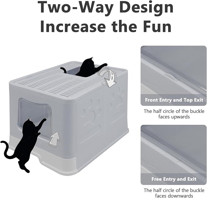 XL Foldable Cat Litter Box with Lid - Jumbo Enclosed Potty - Top Entry Anti-Splashing Toilet - Includes Scoop & 2-in-1 Cleaning Brush (Grey)