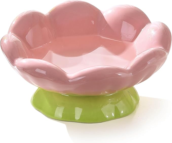 Cute Flower Ceramic Elevated Shallow Cat Bowl for Food & Water | wide and tilted design, whisker-friendly, stable base, dishwasher & microwave safe