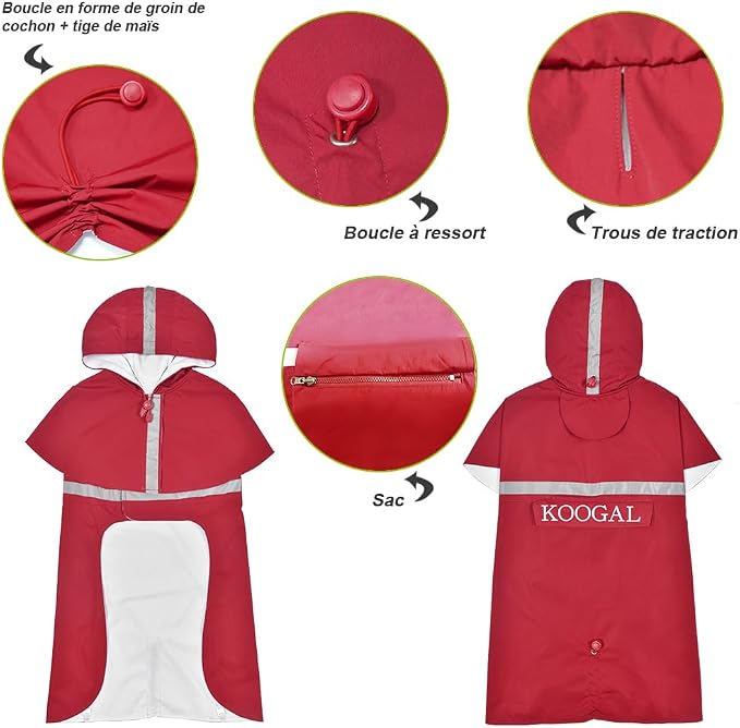 Waterproof Dog Coat Raincoat Poncho for Small to Medium Dogs, Polyester TPU Material Pet Jacket Apparel with Reflective Strips, Red, 3XL