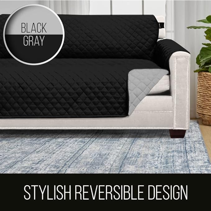 Sofa Shield® Couch Armchair Covers for Dogs, Reversible Furniture Protector with Strap, Stain and Tear Resistant Cushion Cover, 48 inch Seat, Machine Washable Slipcover Pets, Cats, Black Gray