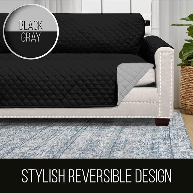 Sofa Shield® Couch Loveseat Covers for Dogs, Reversible Furniture Protector with Strap, Stain and Tear Resistant Cushion Cover, 54 inch Seat, Machine Washable Slipcover Pets, Cats, Black Gray