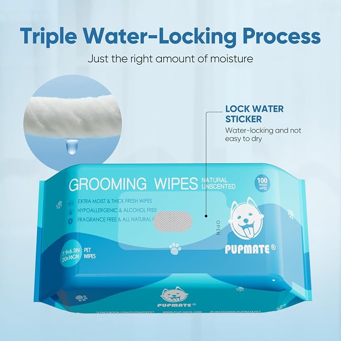 Natural Pet Grooming Wipes, 100 Fresh Counts, Extra Moist & Thick for Dogs & Cats, Puppies & Kittens