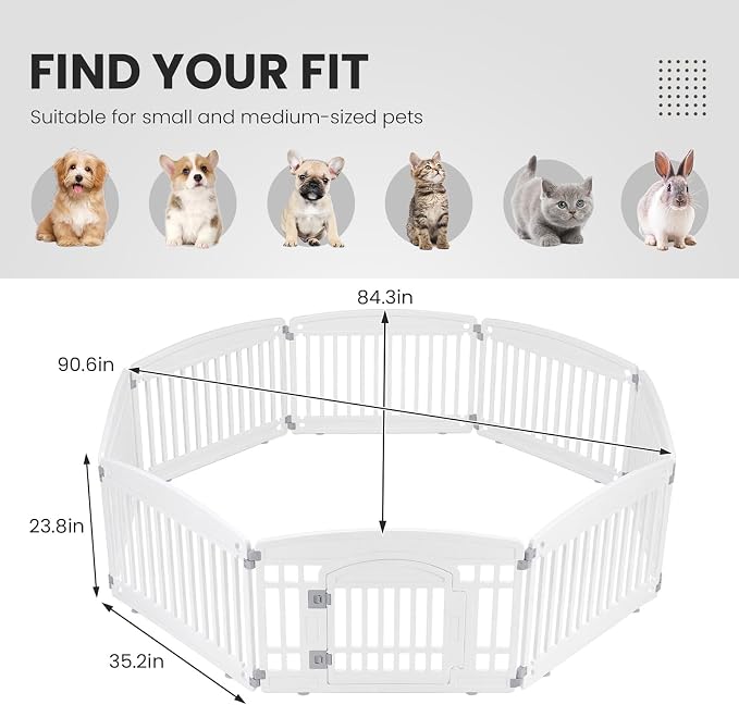 Sweetcrispy Plastic Dog Playpen, 8 Panels 24" Expandable & Durable Pet Fence for Medium Dogs - Indoor & Outdoor Portable Puppy Playpen with Secure Locking Door, White
