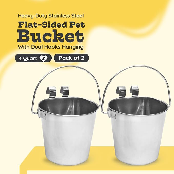 4 Quart Stainless Steel Flat Sided Bucket with Dual Hooks | 2 Pcs Durable Food & Water Bowl for Dogs Cats Goat & Livestock | Fits kennel Cage Critter Crate Hanging Pet Pail | Multipurpose