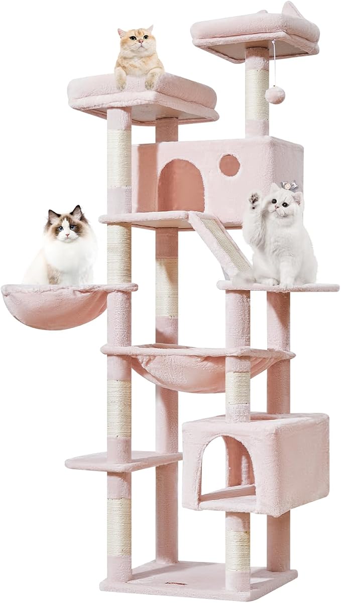Taoqimiao Cat Tree, 71 in Extra Large Cat Tower for Inddor Cats, MS026LP | 2 Large Cat Condos, 2 Cute Perches, Metal Frame Cozy Hammock, Durable Scratch Board, 8 Natural Sisal Posts, Basket, Pink