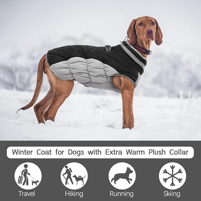 FUAMEY Dog Coat for Large Dogs, Fleece Dog Winter Jacket with Harness | Puppy Cold Weather Coats Reflective Pet Puffer Vest with Zipper Water-Resistant Warm Dogs Snowsuit Windproof Black L