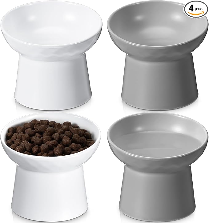 4 Pcs Ceramic Raised Cat Bowls, Elevated Tilted Cat Bowl for Food Water, Stress Free, Backflow Prevention, Dishwasher Microwave Safe, Feeder Dish for Indoor Kitten, Small Dogs(White and Grey)