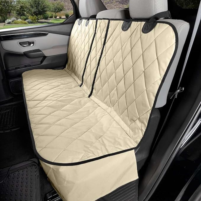 4Knines Dog Seat Cover for Back Seat, Heavy Duty Waterproof Rear Seat Protector for Small Trucks, SUVs, & Cars, Fits 60/40 Split Bench with Middle Seat Belt, Non-Slip Dog Backseat Cover (Regular, Tan)