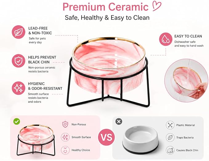 Dazzling Ceramic Elevated Cat Bowls,Raised Dog Cat Pet Food Water Bowl for Indoor(Pink, Large)