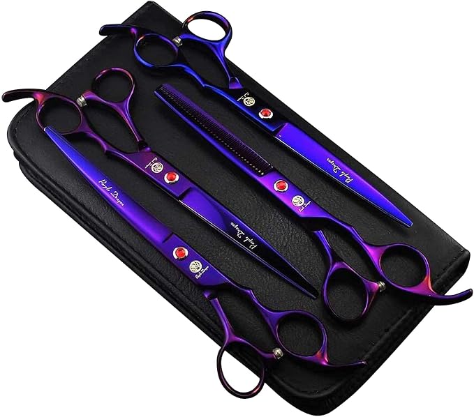 Purple Dragon Professional 7.0 inch Dog Grooming Scissors Set with Silencer | 4PCS Pet Grooming Shears Kit with Straight, Curved, Thinning Blade, Comfortable Grip, Japanese 440C Steel, Gift for Groomers