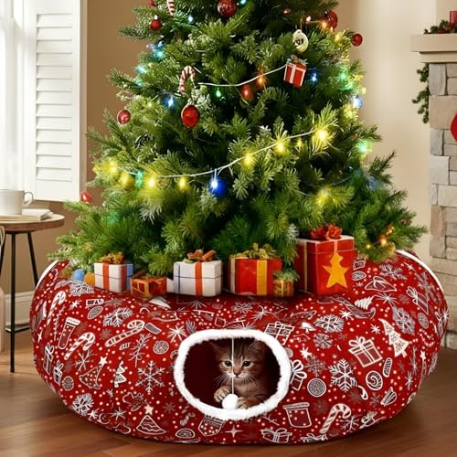 Cat Tunnel Christmas Tree Skirt Cat Donut Tunnel Bed, Gift Box by SilTriangle