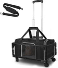 Petskd Small Pet Carrier 17"x11"x9.5" with Wheels Airline Approved, Black | for Alaska Airlines, Lockable Safety Zippers and Anti-Scratch Mesh, Pets Under 10 lbs