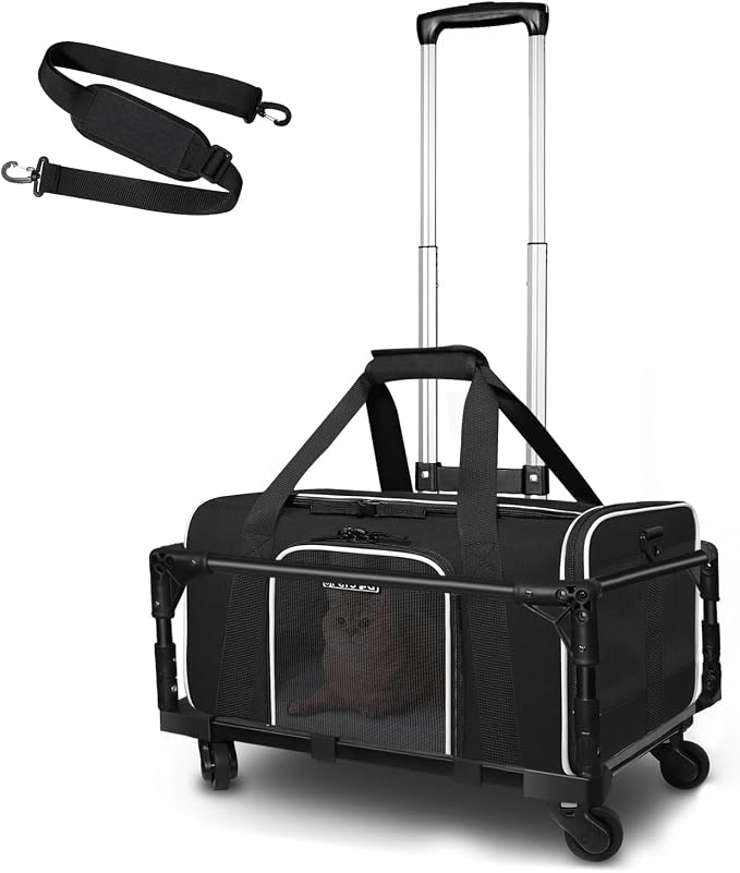 Petskd Small Pet Carrier 17"x11"x9.5" with Wheels Airline Approved, Black | for Alaska Airlines, Lockable Safety Zippers and Anti-Scratch Mesh, Pets Under 10 lbs