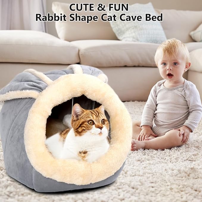 Cat Beds for Indoor Cats-Rabbit-Shaped Cat Cave Bed with Hanging Toy,Grey M | Super Soft Calming cat Tent house for Kitten&Puppy,Warm Plush&Machine Washable&Removable Cushioned Pad,Cute cat Hideaway