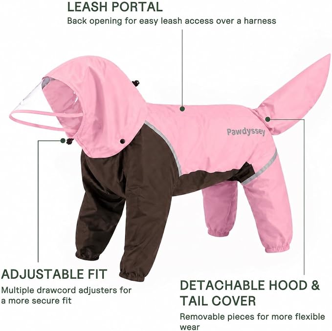 Full-Body Dog Raincoat with Detachable Hood, Waterproof Reflective Dog Rain Jacket with Tail Cover, Adjustable Fit and Leash Portal for Rainy Walks, Cherry Blossom Pink, Large
