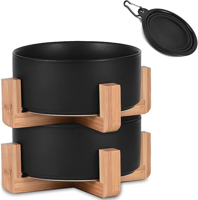 Petygooing Ceramic Black Cat Dog Bowl Set with Stand,Small Dog Bowls, Pet Food and Water Dish, Anti Slip Set of 2 Cat Bowl-Pet Food Dishes- Pet Bowls Small Size Pet (13.5OZ/5.1 in)