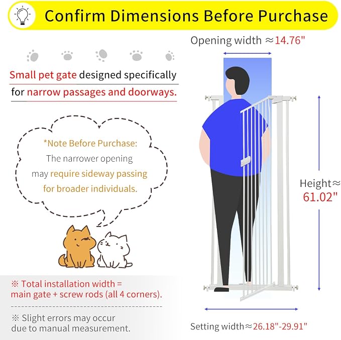 Lumizone Extra Tall Cat Gate 61.02" High 26.18"-29.91" Wide Pet Gate White | Dog Gate for Doorway Hallway Stairs Pressure Mounted Extra Wide 1.37" Gap No Drilling Auto-Close One-Handed Operation