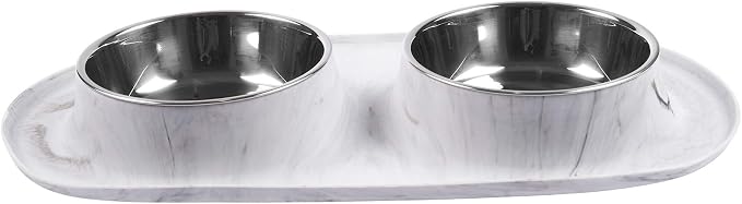 Messy Mutts Double Silicone Dog Feeder, Stainless Bowls, Large, Marble | Non-Slip Silicone Double Dog Feeder With Two Removable Stainless Steel Bowls For Food And Water