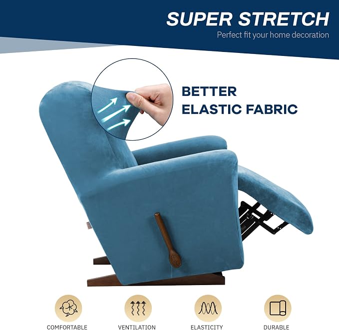 Asnomy Stretch Recliner Chair Covers with Pockets 1-Piece（Peacock Blue） | Velvet Washable Elastic Luxury Plush Reclining Furniture Protector for Dogs Cats or Lazy Boy Recliner Covers