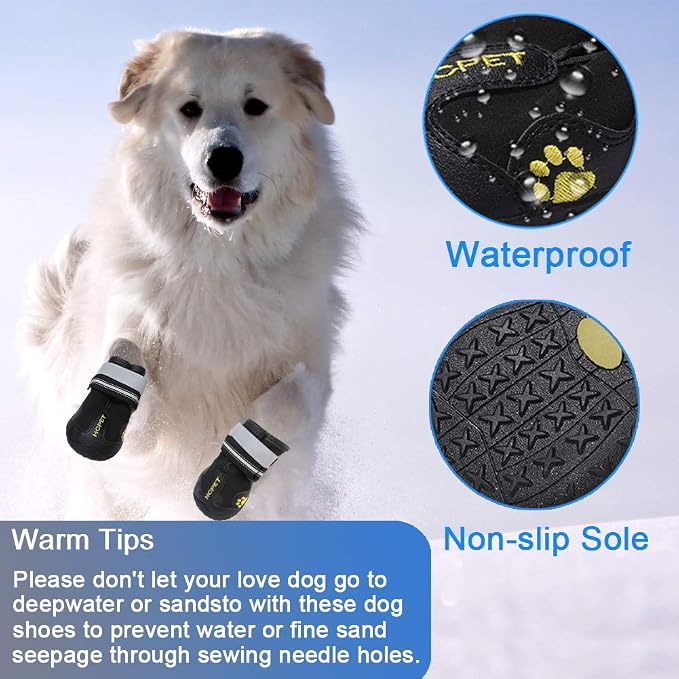 Teamoo Dog Snow Boots for Winter: Durable Waterproof Anti-Slip Dog Booties for Medium Large Size Dogs with Adjustable Reflective Straps - Black Size 6