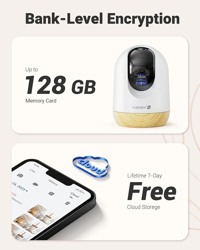 MUBVIEW 5G WiFi Indoor Security Camera No Subscription, Pet Camera with Phone App, Baby Monitor WiFi Smartphone, 2K Night Vision Pan-Tilt Dog Cam, Auto Tracking, 2-Way Audio, SD or Cloud Storage | Phone app, for baby rooms and pets, 2K night vision, pa...