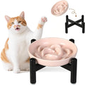 Elevated Ceramic Slow Feeder Cat Bowl, 6.3'' Wide Whisker Friendly | Slow Eating 5x, Anti Vomit Shallow Slow Eating Cat Dish, 3.9" H Raised Cat Puzzle Feeder for Dry and Wet Food, 6.3" X 1.2"