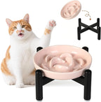 Elevated Ceramic Slow Feeder Cat Bowl, 6.3'' Wide Whisker Friendly | Slow Eating 5x, Anti Vomit Shallow Slow Eating Cat Dish, 3.9" H Raised Cat Puzzle Feeder for Dry and Wet Food, 6.3" X 1.2"