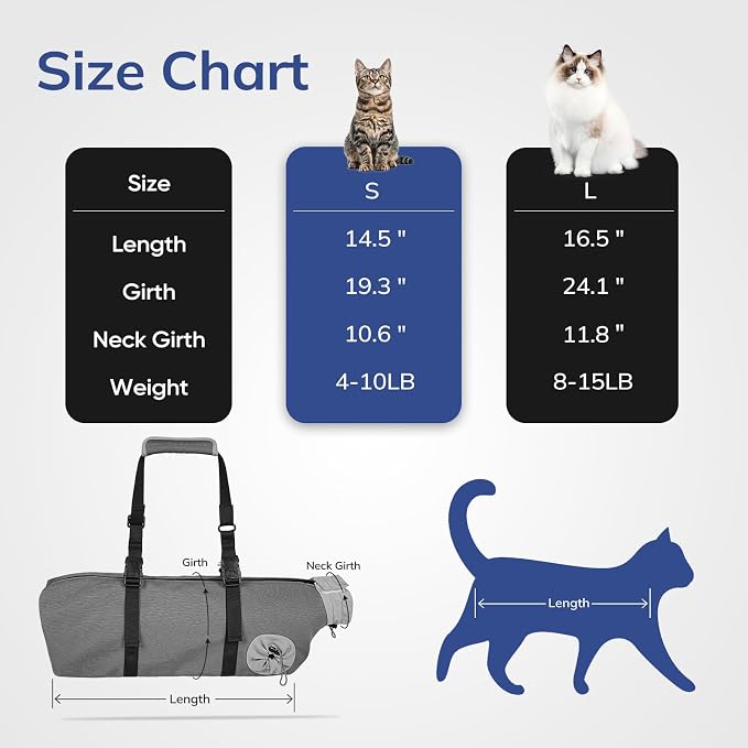 Cat Carrier Pouch, Soft Cat Grooming Restraint Bag for Vet Visits, Nail Trimming,Dental Care & Medication, Comfortable Cats Carry Bag with Bottom Support for Car Travel,Grey S(4-10lbs)