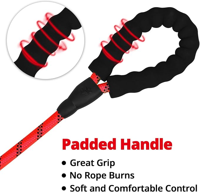 Rope Dog Leash 6 FT: Heavy Duty Leashes with Swivel Lockable Hook Reflective Threads Bungee and Padded Handle - Dog Lead for Large Small Medium Dogs Outside Walking Hiking Red