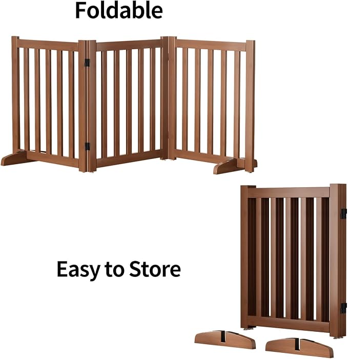 Wooden Freestanding Foldable Dog Gate, 24 Inch Height 3 Panel Pet Gate No Drill for Doorways Stairs, Fully Assembled Indoor Puppy Fence (Teak Color, 60" W x 24" H)