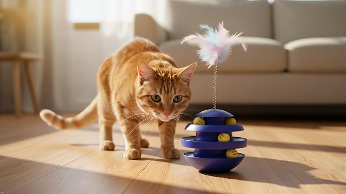 Cat Toys for Indoor Cats, Interactive Cat Ball Track with Feather | Kitten Toy Tumbler, 3-Layer Self Spinning Cat Ball Tower for Bored Indoor Adult Cats