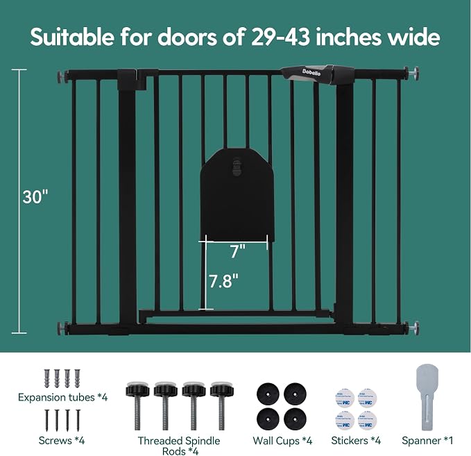 Babelio Auto Close Baby Gate with Cat Door, CatPrivilege I, 29-43" | Safety Gate for Doorway & Stairs, Easy Walk Thru with Pet Door, Includes 4 Wall Cups and 3 Extension Pieces, Black