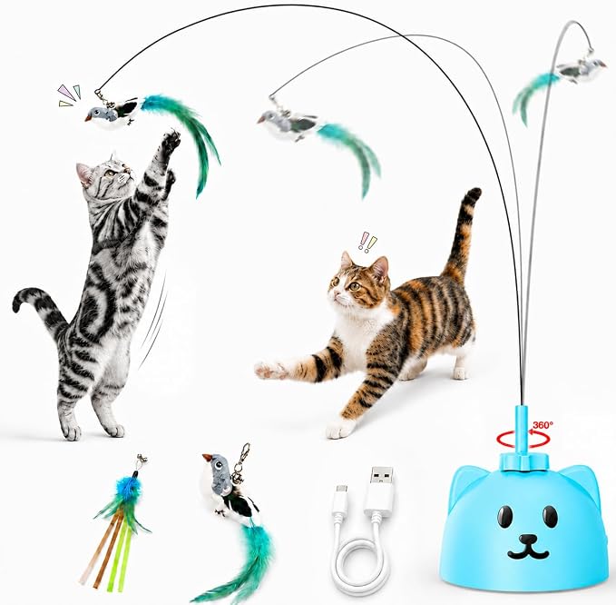 Interactive Cat Toys for Indoor Cats, 360° Automatic Spin Flying Bird Wand | 8cm Suction Cup & Weighted Base, Silicone-Protected Rod, USB Rechargeable with Replaceable Feather & Streamer Attachments